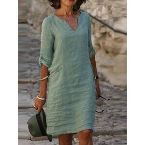 Casual V-neck Half Sleeve Midi Shirt Dress